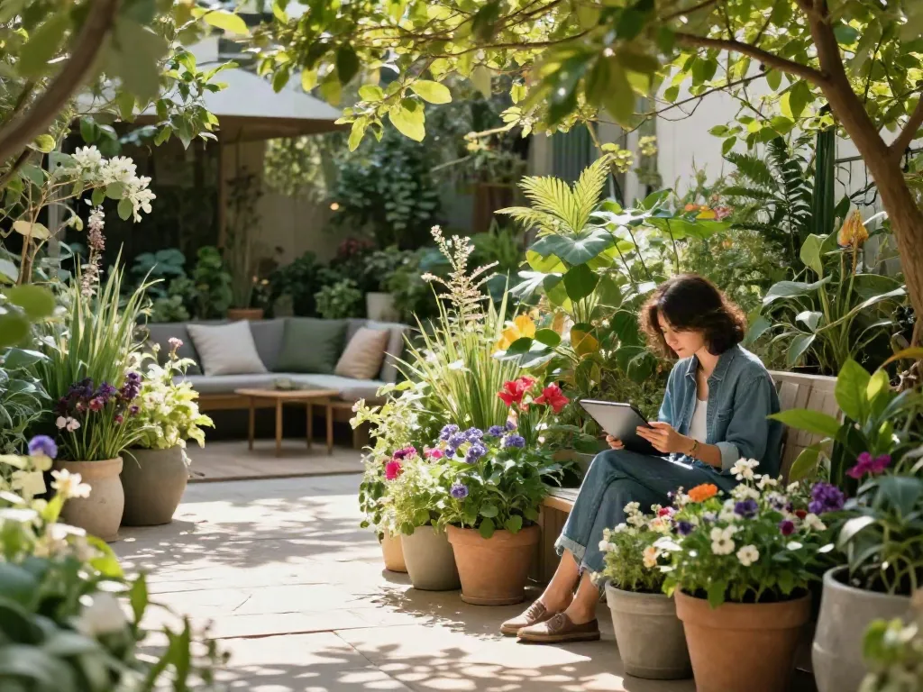 Browse the full collection of outdoor planters surrounded by lush greenery.