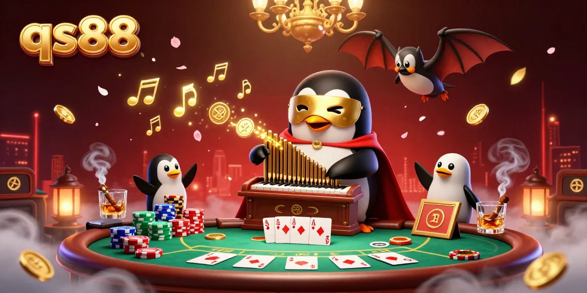 Experience a vibrant casino scene with qs88 featuring a phantom opera penguin and dynamic gambling elements.