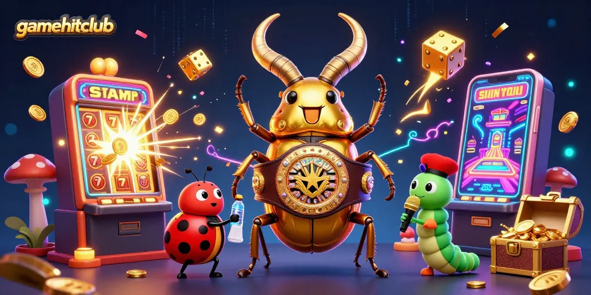 gamehitclub showcases a vibrant 3D casino scene with a giant stag beetle and exciting jackpot elements.
